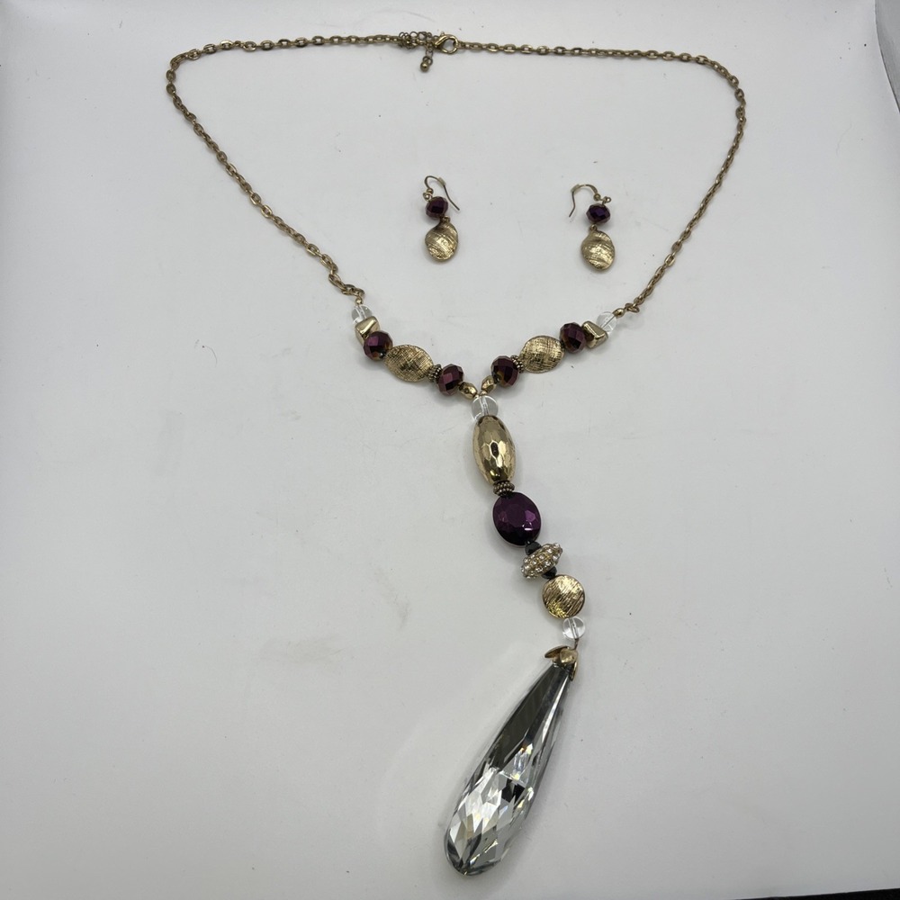 Gold Tone Purple Beads With Tear Drop Crystal Necklace And Earring Set